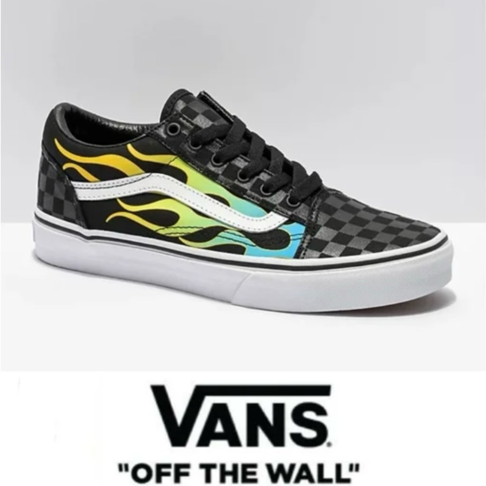 Vans “Old Skool” Kids Black Checkered Sneakers Glow Multicolor Flames SZ 6.0